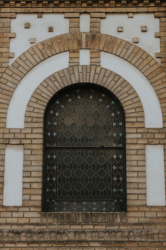 hermosa, sinagoga, ladrillo, pared, ventana, vidrieras, arquitectura, antiguo