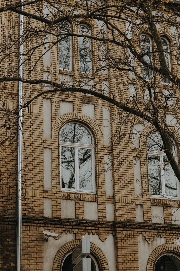 Old university facade with brick arches and white windows