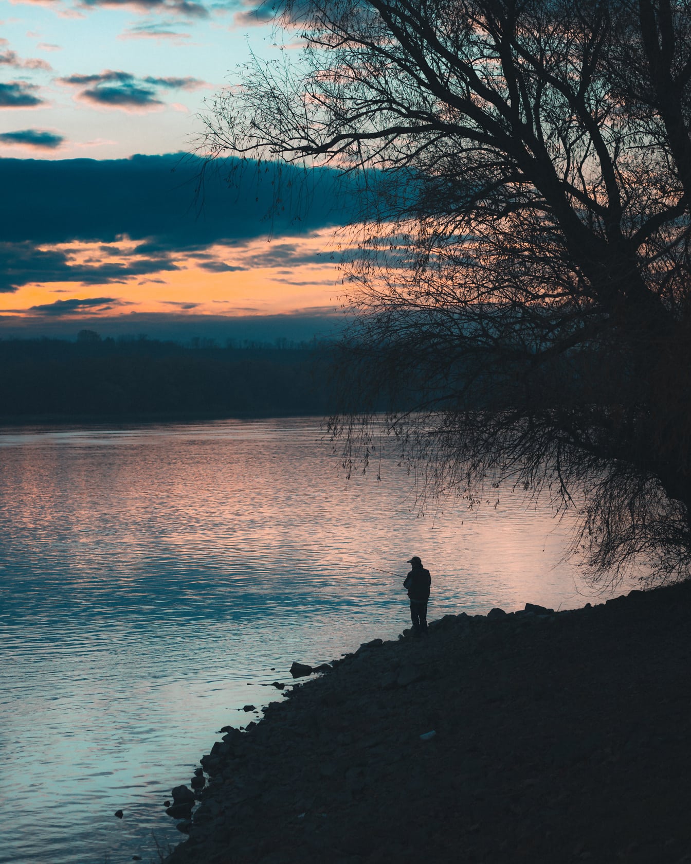 Silhouette de pêcheur avec canne à pêche au bord du Danube au lever du soleil