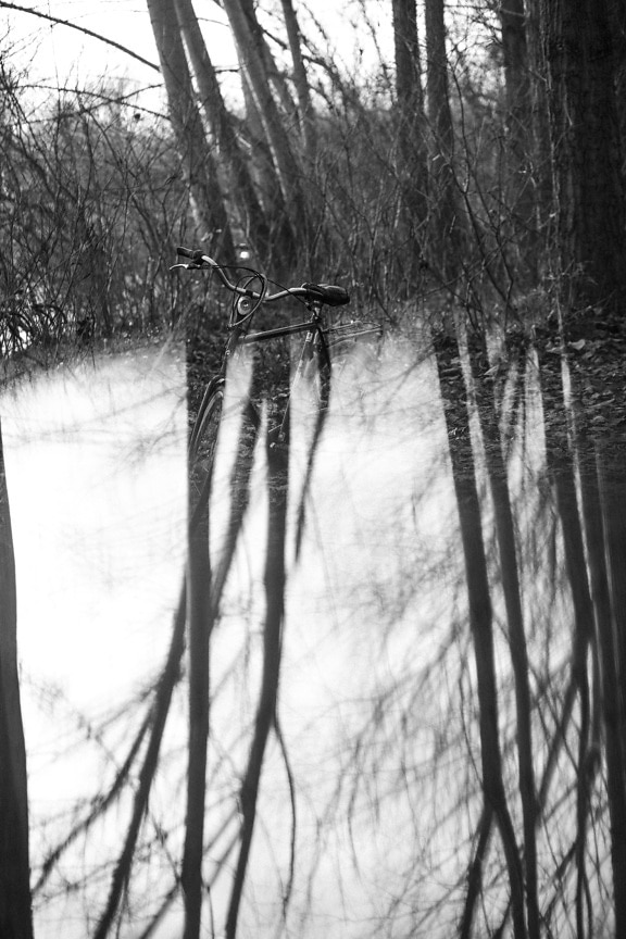 Old style classic bicycle reflection black and white photograph