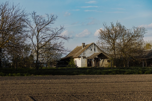 Old rural farmhouse with backyard and farmland