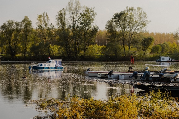 晴天の湖畔の港に浮かぶ小型漁船