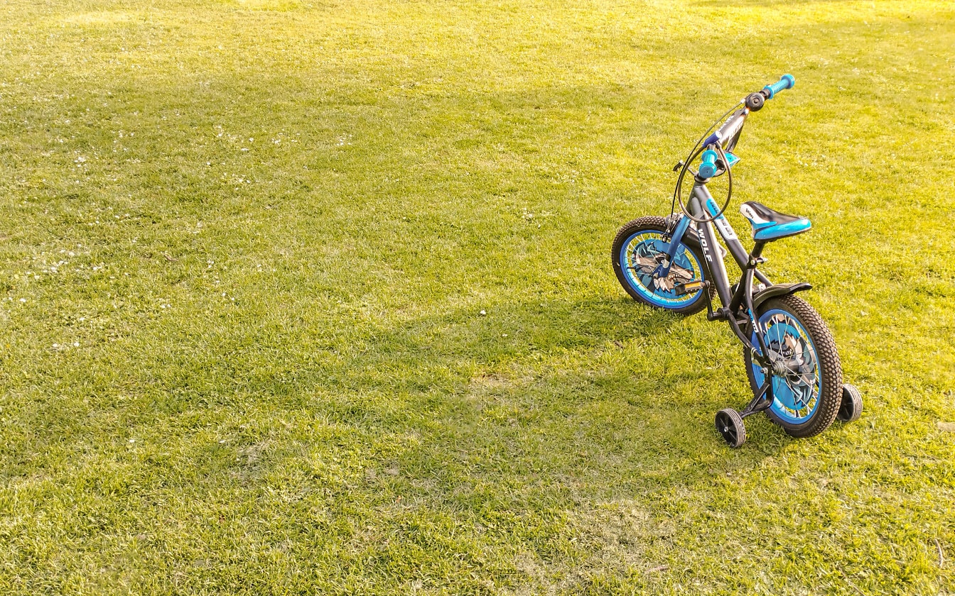 Mainan sepeda biru kecil di halaman hijau cerah
