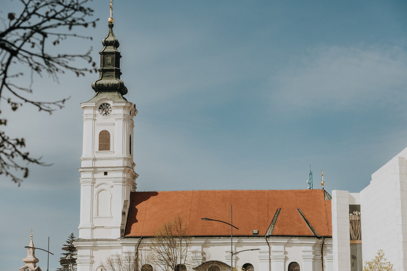 Vedere laterală exterioară a bisericii ortodoxe Adormirea Maicii Domnului din Novi Sad, Serbia