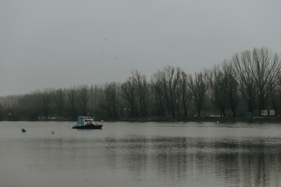 pequeño, barco de pesca, río, por la mañana, hay niebla, paisaje, lago, al aire libre