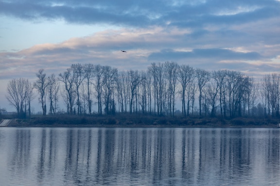 Dark blue clouds over calm lake in twilight