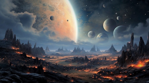 Fantasy volcanic eruption in galaxy with planets and moons illustration