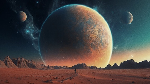 Person walking in desert on planet in galaxy illustration