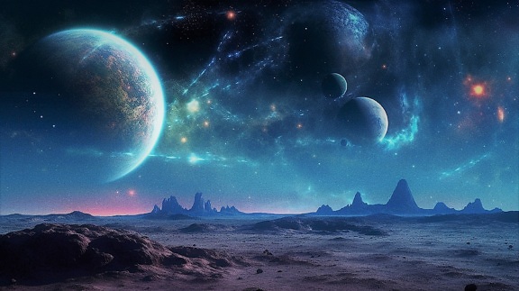 Fantasy moonscape illustration on planet in deep cosmos