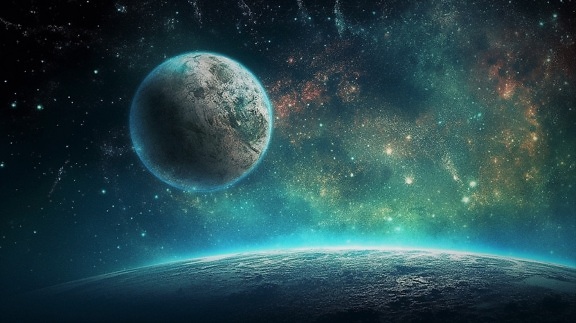 Orbita, Księżyc, Planeta, niebieski, duże, Galaktyka, głębokie, gwiazdy