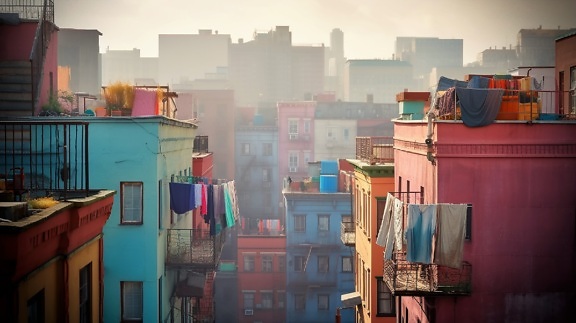 Clothes on clothesline on terraces of colorful buildings