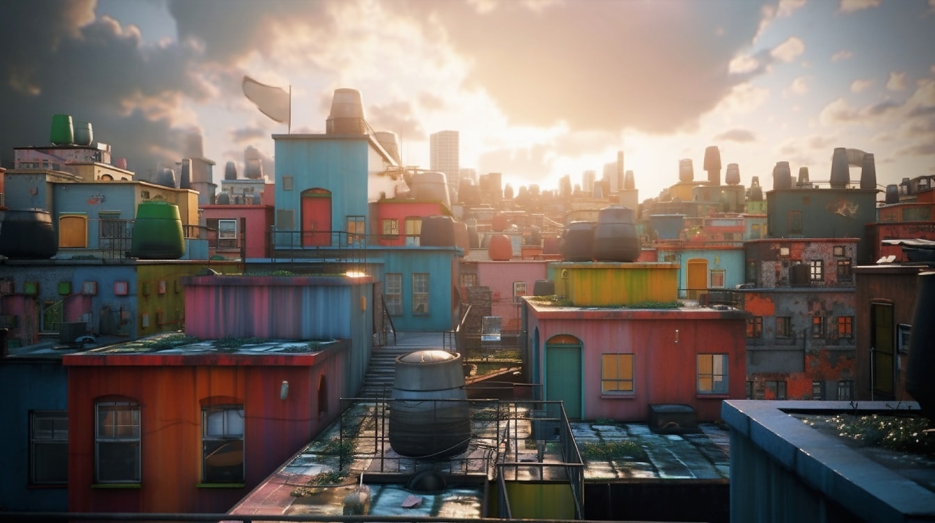 Majestátne farebné strechy a steny domov vo favela fotomontáži