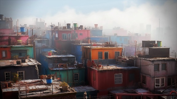 çatı katı, sisli, Dış, evleri, Fotomontaj, illüstrasyon, renklendirme, sanatsal