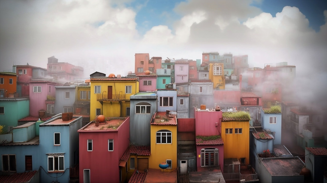 Colorful houses in favela in misty smog clouds