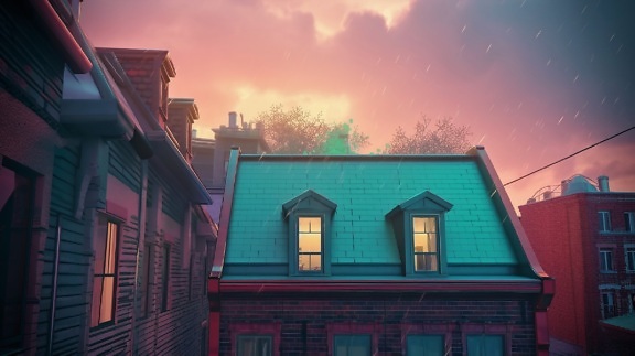 Rooftop windows on house in rainy twilight photomontage