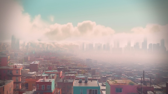 покрива, цветни, къщи, градски пейзаж, мъгливо, панорама, град, град
