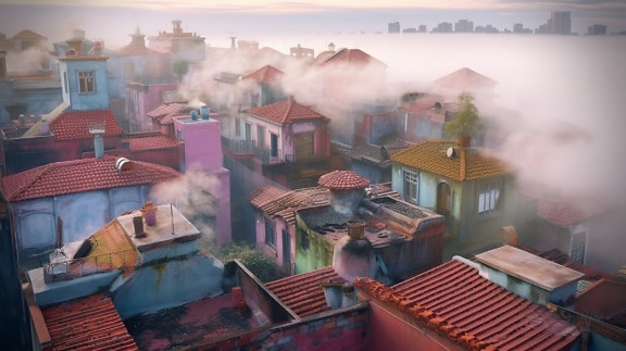 въздушна, цветни, къщи, покривни, смог, мъгливо, покрива, градска зона