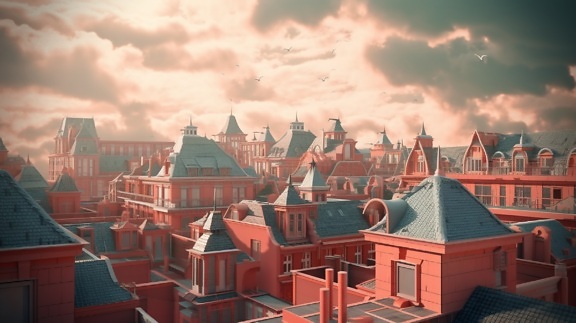 roze, gebouwen, op het dak, blauw, koper, fotomontage, illustratie, stad