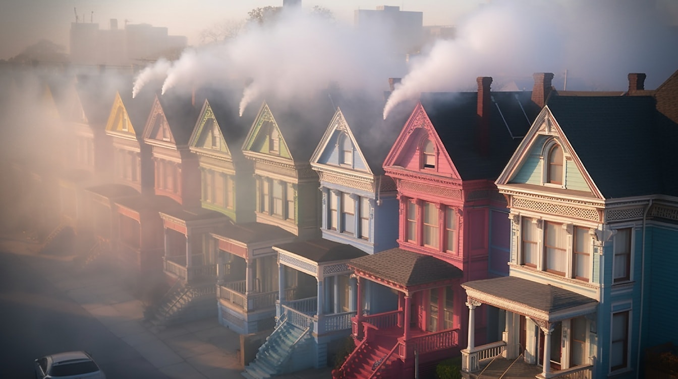 Case colorate în stil vechi, cu pridvor și fum din coșul de fum
