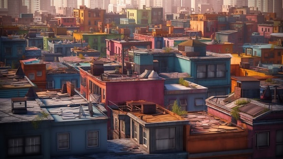 sur le toit, peinture, couleurs, coloré, paysage urbain, toits, toit, zone urbaine