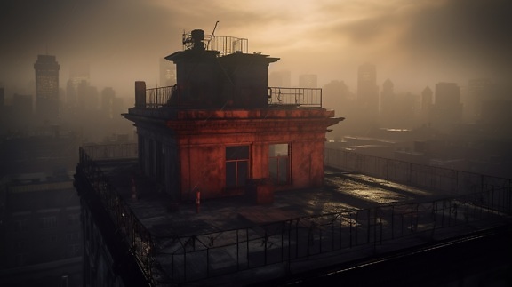 Flat rooftop of old decay building in deep smog in twilight