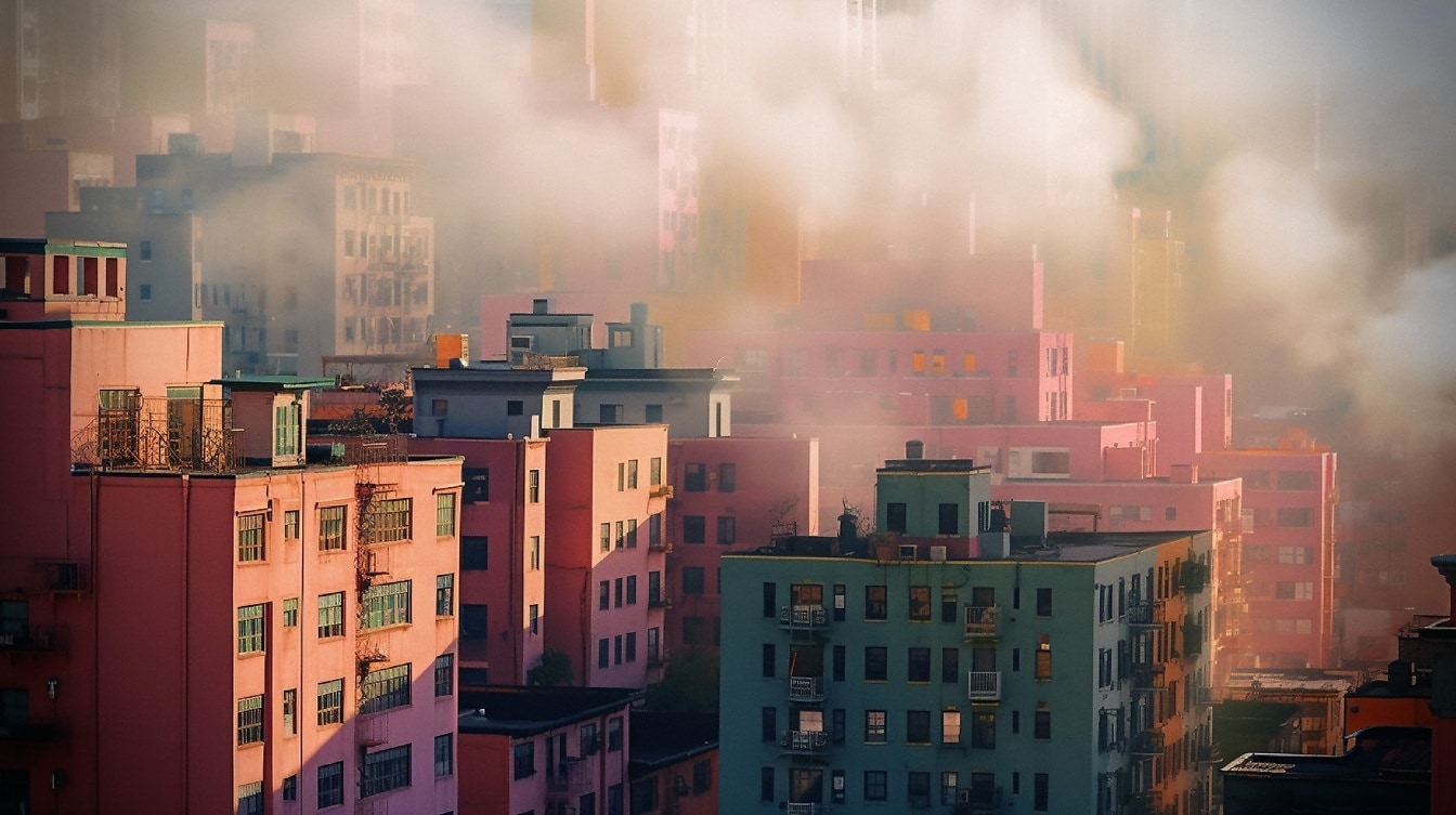 Edifícios coloridos em foto de fotomontagem de fumaça nebulosa de carrapato