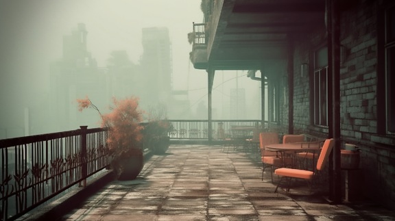 smog, balkong, dimma, fotomontage, takterrass, grafisk, staket, illustration