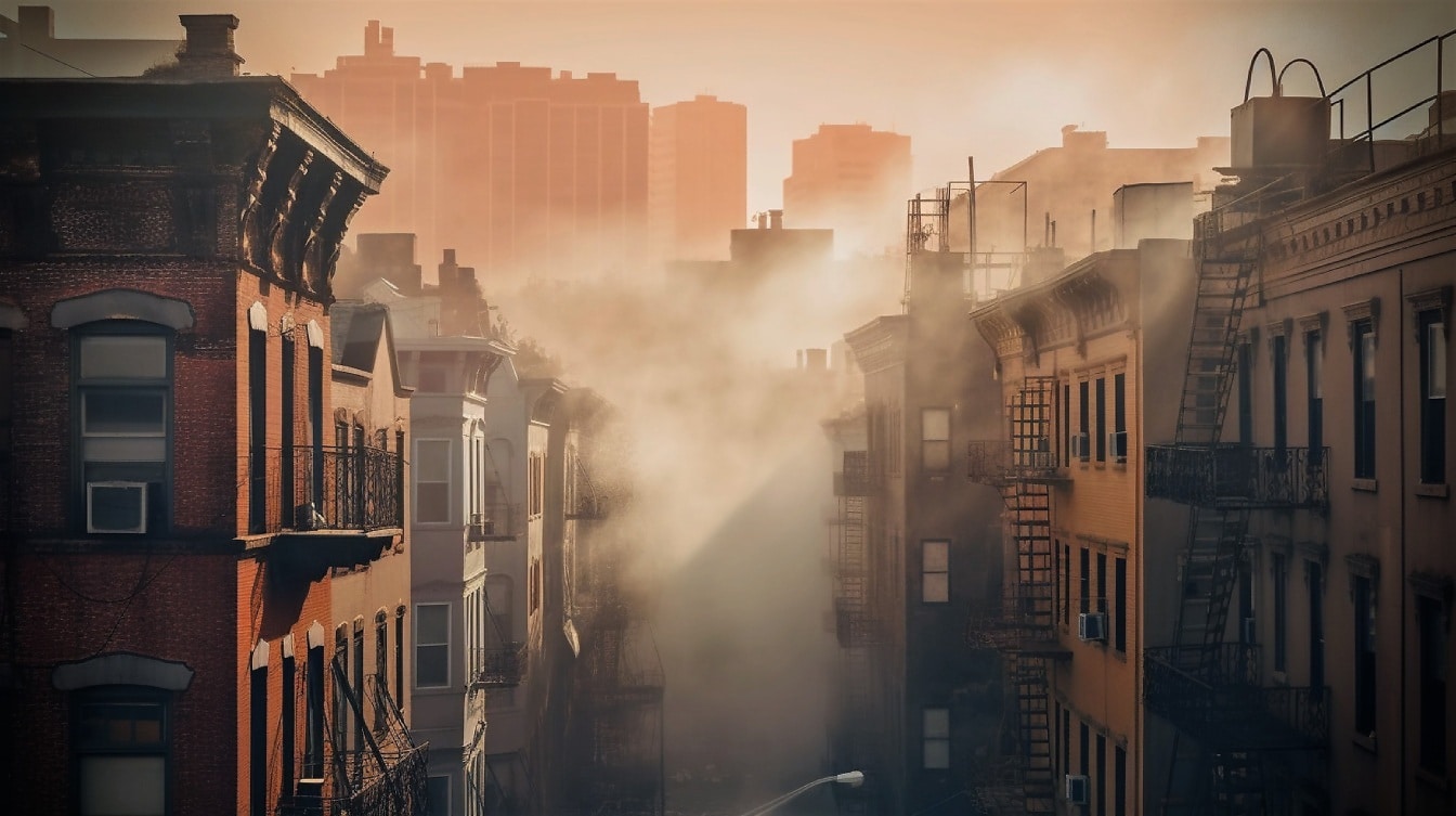 雾, 烟雾, 活力, 屋顶, 建筑, 城市, 构建, 摩天大楼