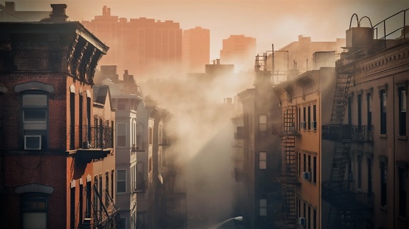 Misty veil over the vibrant urban roofs of buildings