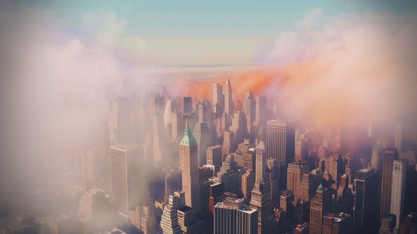Antenne van wolkenkrabbers in het centrum in mistige smog