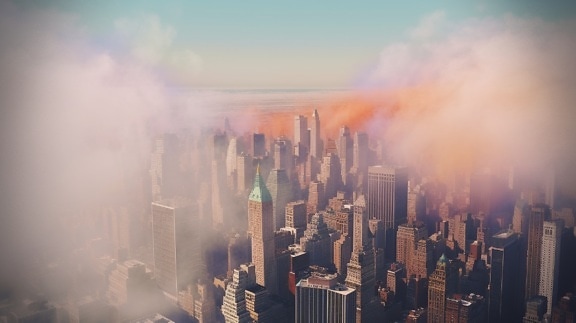antenn, skyskrapor, stadens centrum, dimmigt, smog, Metropolitan, stadsbild, staden