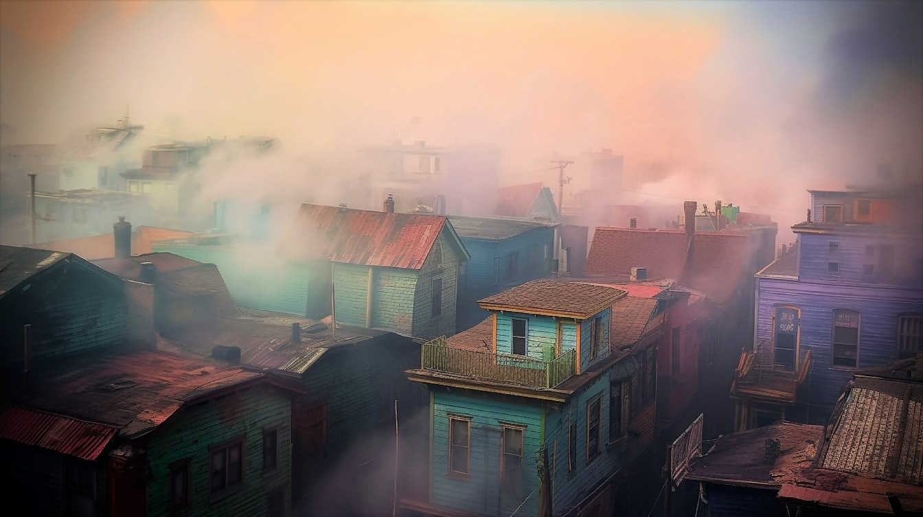 Старые сельские дома в глубоком тумане, смог, фотомонтаж