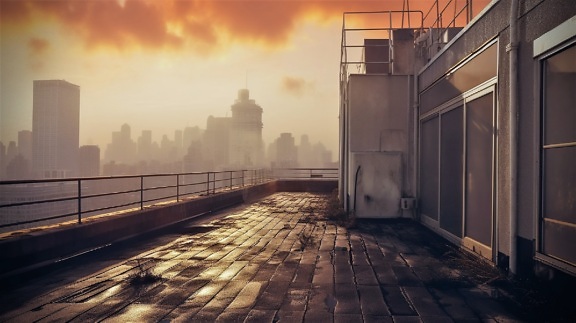 Toit plat humide d’un bâtiment avec photomontage d’horizon brumeux
