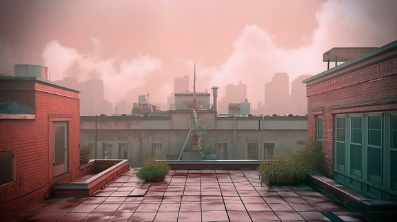 Roofs open up to a misty sky pink