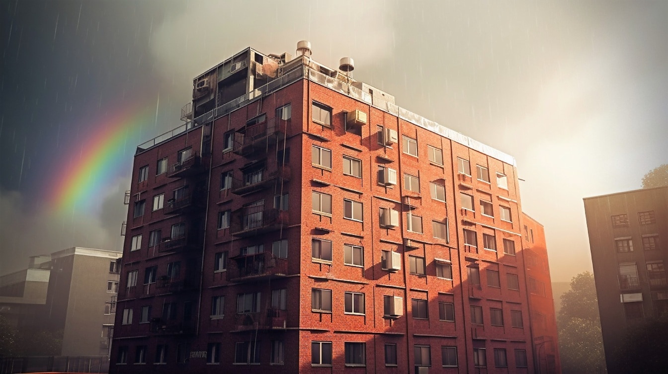 Βροχή με ουράνιο τόξο με σκούρο κόκκινο κτίριο κάτω από φωτομοντάζ