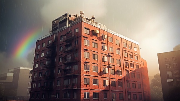 Rain with rainbow with dark red building underneath photomontage