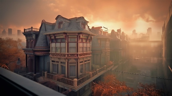 Misty sunrise painting the rooftops of old style houses