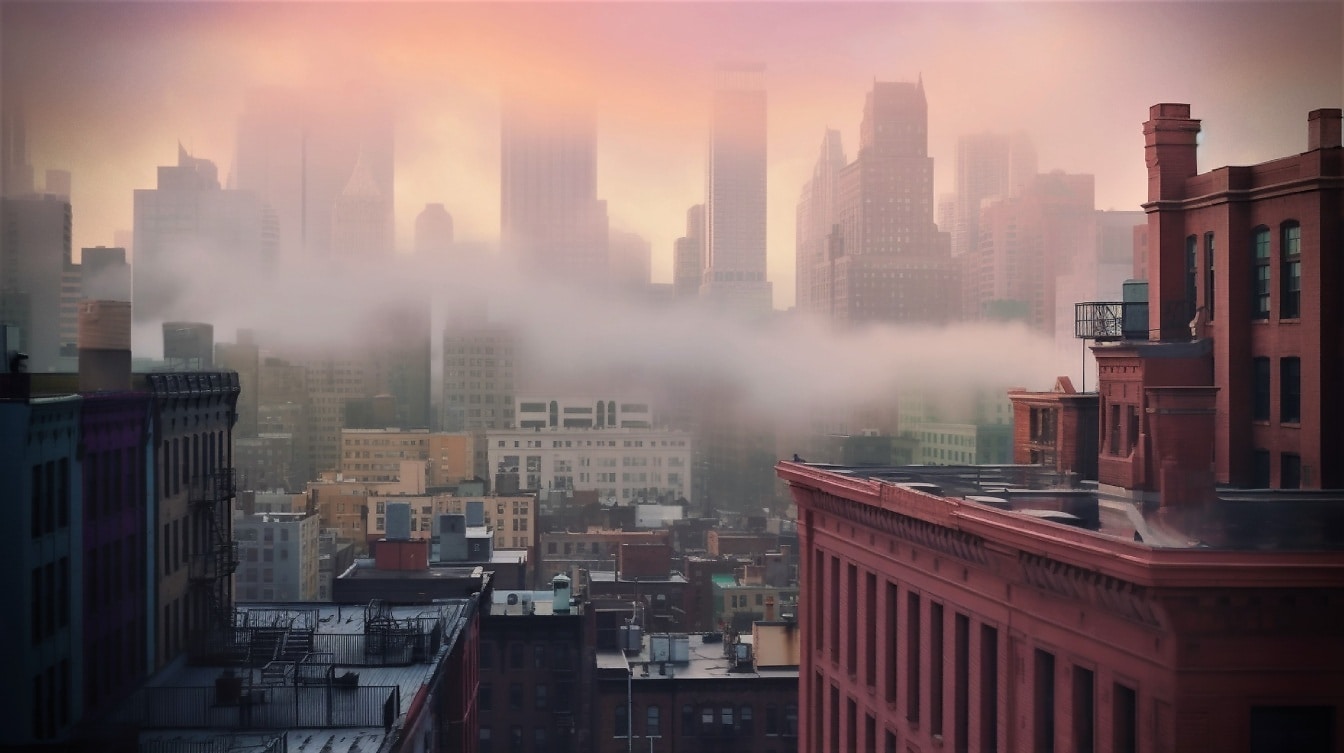 Mrakodrapy v centru města v hlubokém smogu v ranní slávě