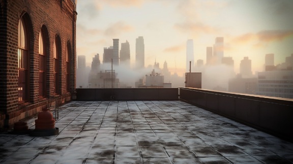 επίπεδη, μπαλκόνι, στον τελευταίο όροφο, το πρωί, φωτομοντάζ, αιθαλομίχλη, αστική, κτίριο