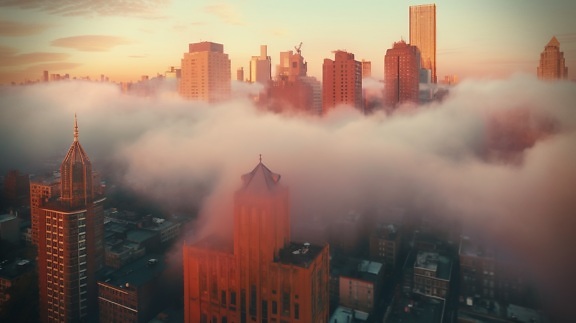 αιθαλομίχλη, το πρωί, στον τελευταίο όροφο, ουρανοξύστες, εναέρια, στο κέντρο της πόλης, αστική, ουρανοξύστης