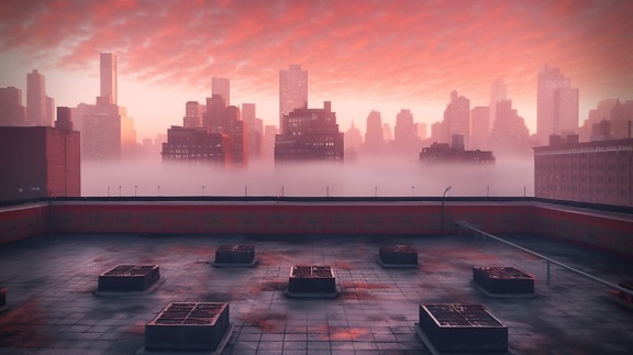 Rooftop of building sky glow in smog