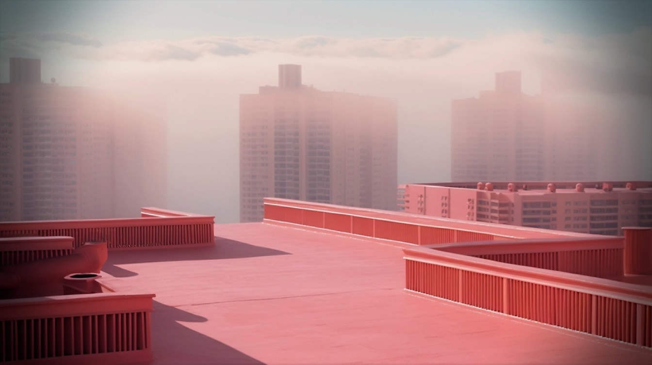 Rakennuksen vaaleanpunainen punainen katto kaupungin keskustan valokuvamontaasi