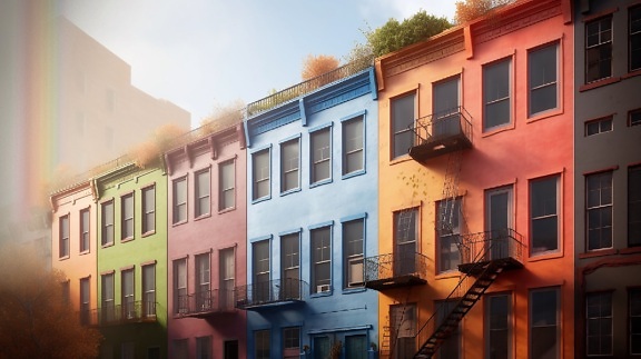 colorido, edificios, por debajo de, fotomontaje, Arco iris, construcción, arquitectura, fachada