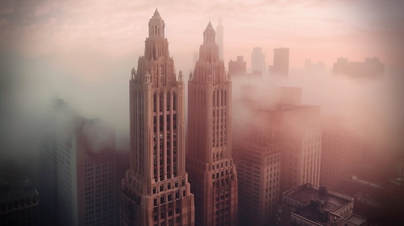 мъгла, небостъргачи, в центъра, покриви, цветни, мъгливо, сграда, небостъргач