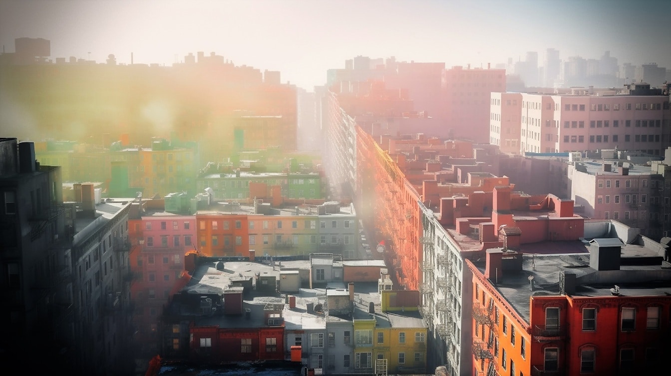 Những mái nhà đầy màu sắc nổi bật trên nền trời sương mù photomontage