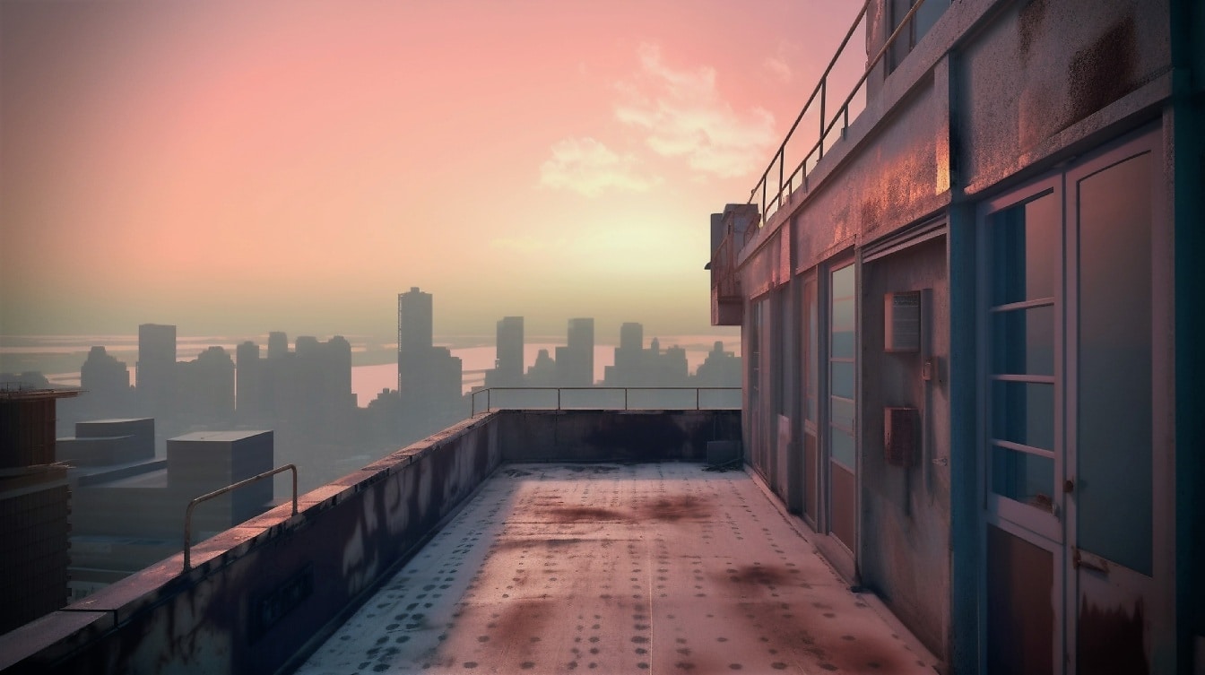 Panorama du paysage urbain brumeux depuis un balcon rouillé