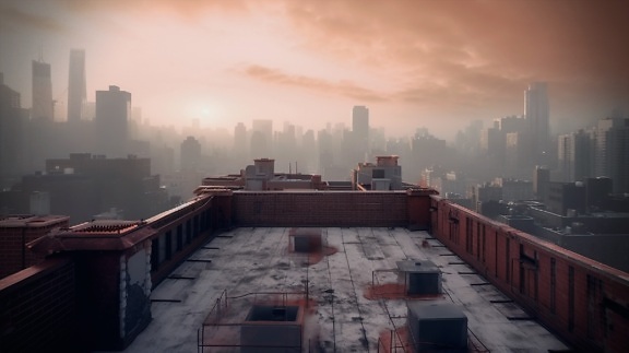 panoramski, Prikaz, smog, magla, fotomontaža, na krovu, zgrada, urbano