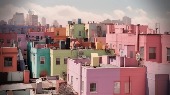 šareni, zgrada, na krovu, boja, ružičasto, zgrada, arhitektura, grad