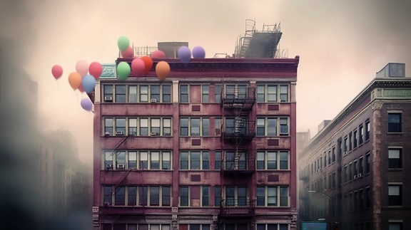 Enigmatic rooftops with colorful balloons shrouded in morning mist