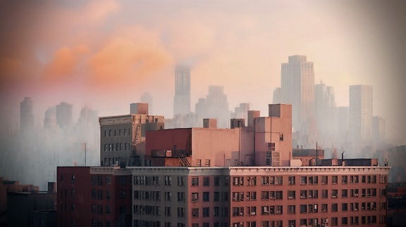 Misty smog with old style buildings underneath in morning